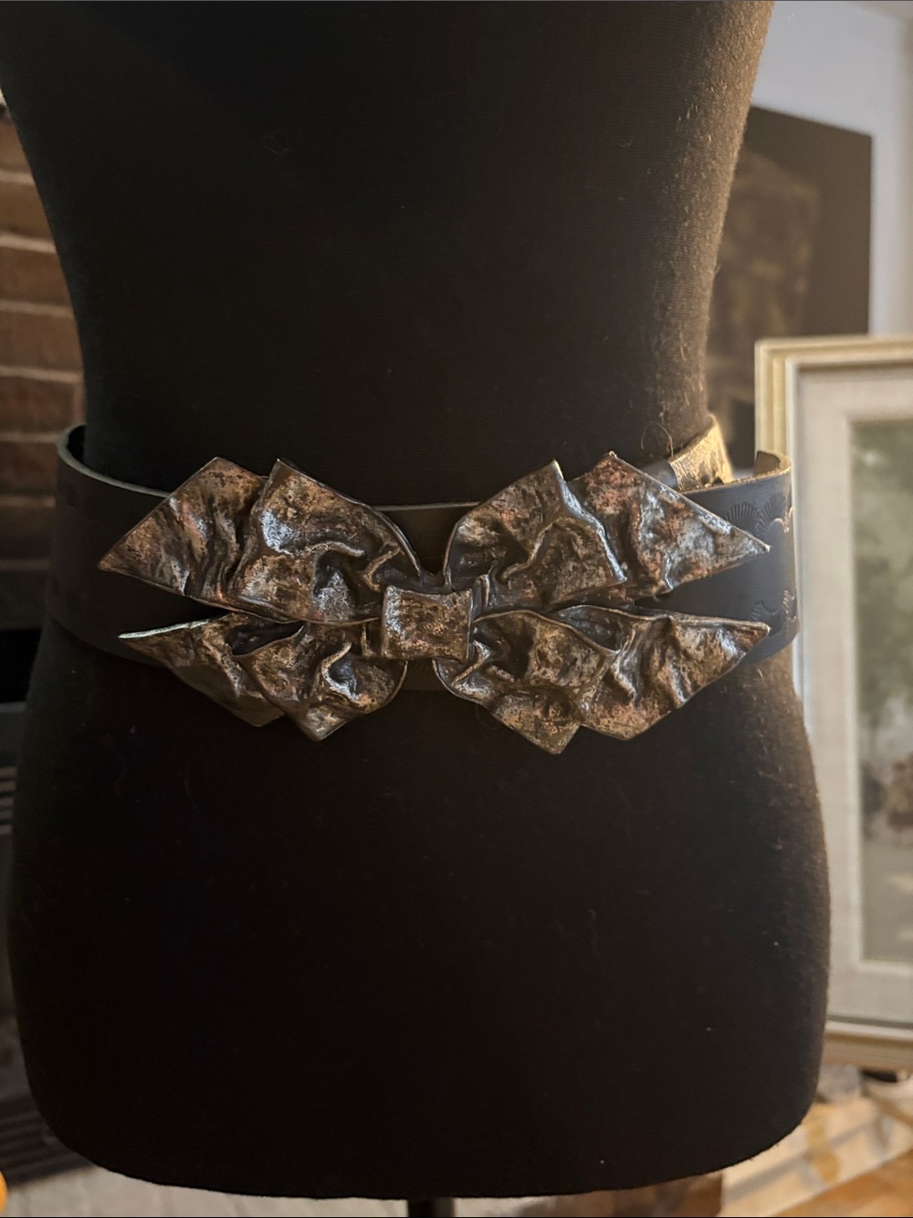 Vintage Betsey Johnson Black Waist Belt with Sculpted Metallic Bow Buckle